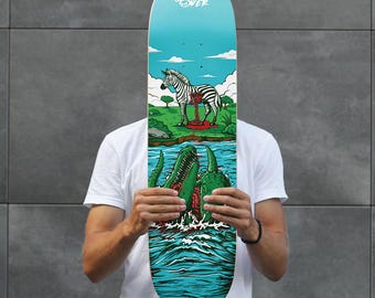 Zebra vs Crocodiles Skateboard Deck - 8 Inch, Wall Art