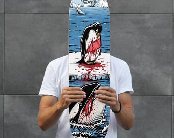 Penguin vs Orca - Rare 8 Inch Adult Size Skateboard Deck, Limited Edition! Game Over Skateboards