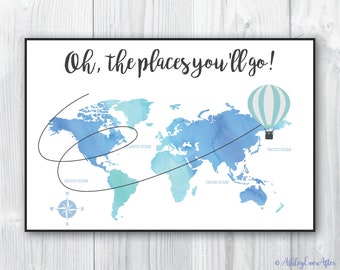 Nursery World Map, Watercolor Blue Map, Nursery Decor, Blue World Map Print, Poster Size Wall Art, Printable Art, Instant Download