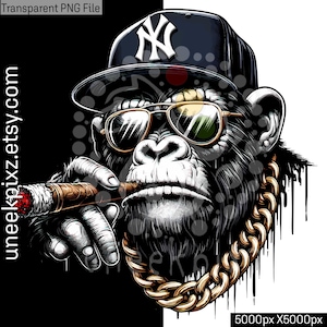 May include: A black and white illustration of a monkey wearing a black baseball cap with a white "NY" logo, sunglasses, and a gold chain. The monkey is holding a lit cigar in its mouth.