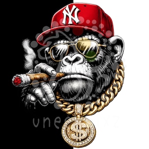 May include: Illustration of a chimpanzee wearing a red baseball cap with a white "NY" logo, gold-rimmed sunglasses, and a gold chain with a dollar sign pendant. The chimp is smoking a cigar against a black and white background.