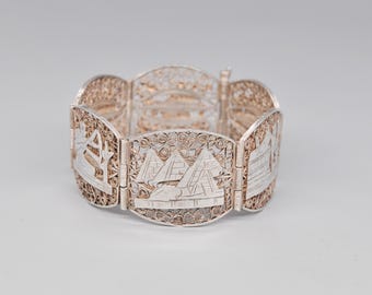 Vintage Egyptian Filigree Solid Silver Bracelet.