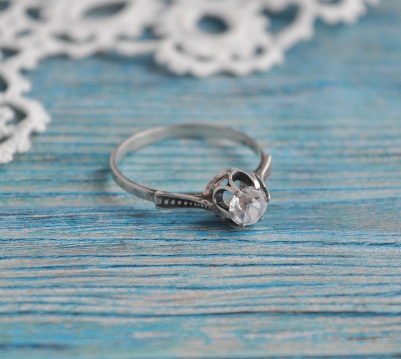 Kharkiv Jewelry Factory 1984. Vintage USSR era 875 Silver Ring with Colorless Rhinestone Ukraine