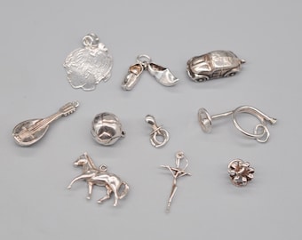 Mix of Vintage Solid Silver Charms, Pendants. Set of 10.