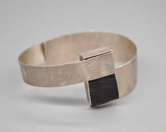 Vintage Modernist Wooden 925 Sterling Silver Bangle, Bracelet.