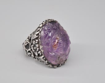 Vintage Chinese Adjustable Sterling Silver Carved Amethyst Ring. Size 17 1/4 mm US 7 1/4