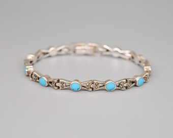 Vintage Turquoise 925 Sterling Silver Link Bracelet. Without one hematite stone.