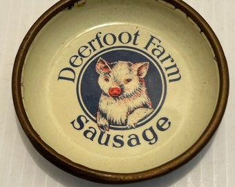 ORIGINAL Vintage Deerfoot Farm Sausage Enamel/Porcelain Change Tray or Coaster with Pig