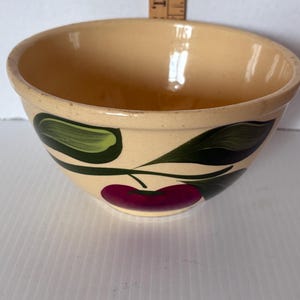 Può includere: Una ciotola in ceramica beige con un design a ciliegia dipinto a mano. La ciotola presenta una ciliegia rosso scuro con foglie verdi. L'interno della ciotola è di colore beige chiaro.