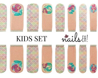 Nail Polish Wraps - Nail Wraps - Nail Strips - Nail stickers -  kids nail wraps, mermaid,  mermaid tail, pink shimmer nails