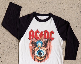 Vintage AC DC Tour Shirt | Fly On The Wall '85 Tour Raglan shirt| Vintage 1980's Ac Dc Shirt| Ac Dc 3/4 Sleeve shirt (Men's Small)