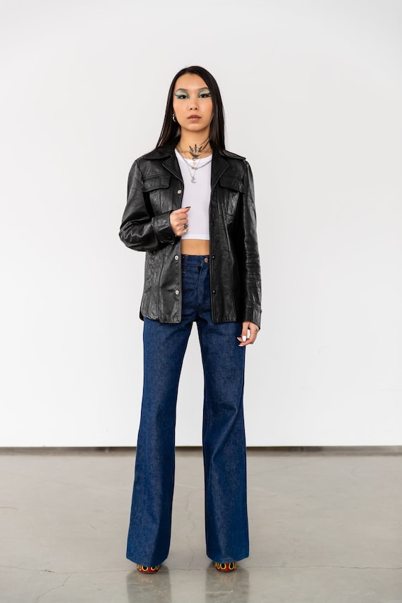 1970's Vintage Black Leather Jacket With Dagger Co
