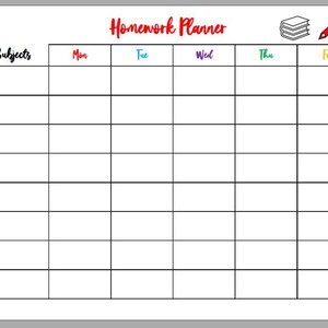 May include: A black and white printable homework planner with the words "Homework Planner" in red at the top. The planner has columns for "Subjects", "Mon", "Tue", "Wed", "Thu", and "Fri".