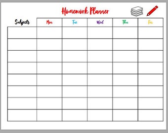 homework planner, with subjects, studying, weekly planner, 5 day planner, organizer, study planner, primary, secondary, school, resources
