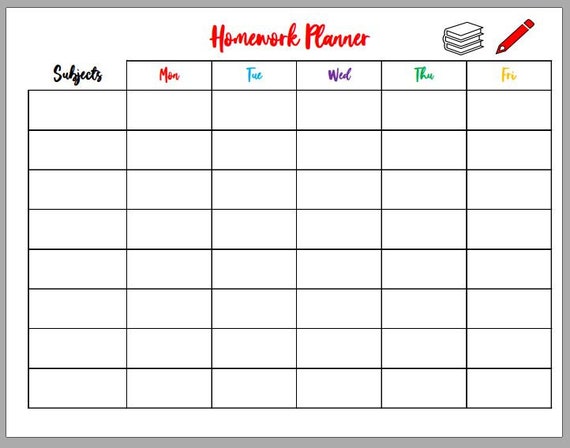 Homework Planner, With Subjects, Studying, Weekly Planner, 5 Day Planner,  Organizer, Study Planner, Primary, Secondary, School, Resources 