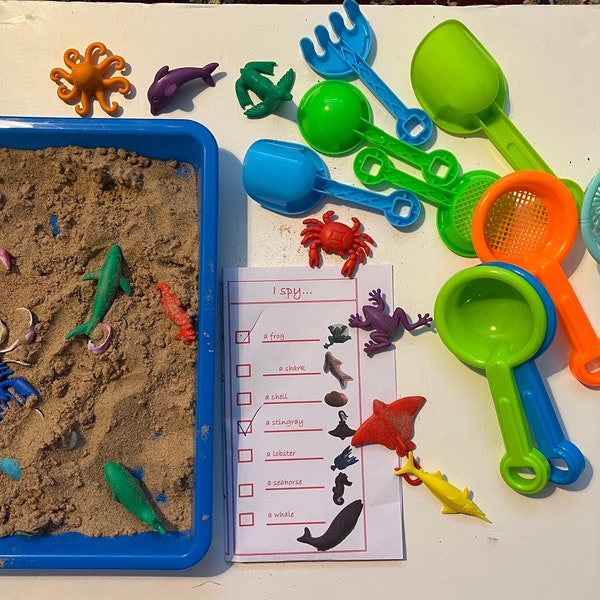 Sensory bin. sensory toys, sand, sea animals, I spy, Early years, special needs, autism, SEN, SEND, learning resources, games, activities