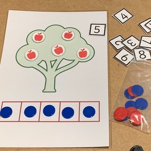 May include: A printable worksheet with a green tree with five red apples. The worksheet has a number line with five blue circles. There are number cards with the numbers 1, 2, 3, 4, 5, 6, 7, and 8.