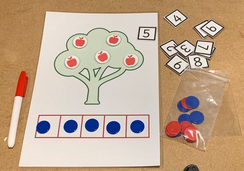 May include: A printable worksheet with a green tree with five red apples. The worksheet has a number line with five blue circles. There are number cards with the numbers 1, 2, 3, 4, 5, 6, 7, and 8.