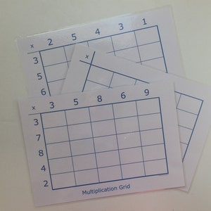 May include: Three white multiplication grids with blue lines and numbers. The top grid has the numbers 1, 3, 4, 5, and 2. The middle grid has the numbers 3, 5, 6, 8, and 9. The bottom grid has the numbers 2, 4, 7, 8, and 3. The bottom grid has the text "Multiplication Grid".