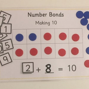 May include: A number bonds learning activity for making 10. The activity includes a grid with blue and red circles, number cards, and the equation 2 + 8 = 10.