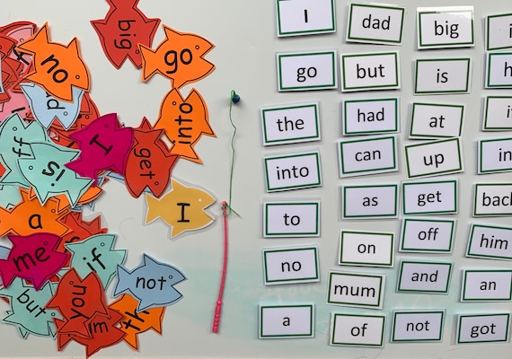 Phonics Phase 2 high frequency words, magnetic fishing game, tricky words, letters and sounds, reading, writing, early years, resources