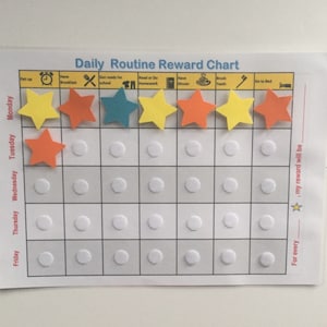 May include: A white chart with a daily routine reward chart. The chart has a column for each day of the week and a row for each activity. The activities include getting up, having breakfast, getting ready for school, reading or doing homework, having dinner, brushing teeth, and going to bed. There are white circles on the chart for each activity. There are also orange, yellow, and blue stars on the chart. The text on the chart says "Daily Routine Reward Chart" and "For every ____, my reward will be ____".