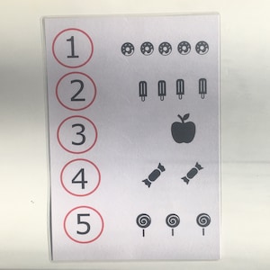 May include: A white card with red circles numbered 1 to 5. Each number corresponds to a row of black icons: doughnuts, ice lollies, an apple, sweets, and lollipops.