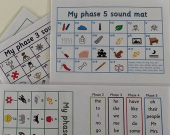 A5 size mats, phonics, sounds, letters, tricky words, teaching resources, learning resources, preschool, children, phase 2, phase 3, phase 5