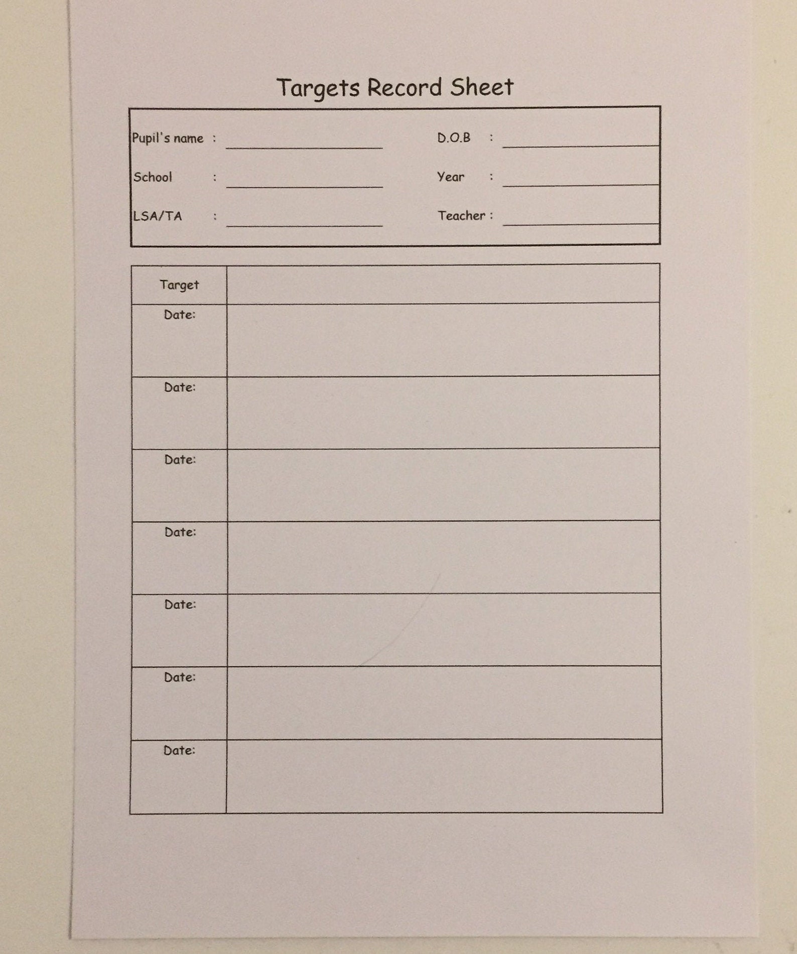 Targets Record Sheet Speech and Language Behavioral Therapy Etsy