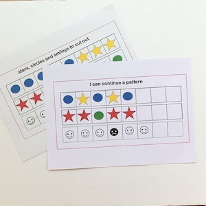 Może przedstawiać: Drukowana karta pracy z tekstem "Potrafię kontynuować wzór" i wzorem niebieskich kółek, żółtych gwiazdek, czerwonych gwiazdek i zielonych kółek. Karta pracy ma puste miejsca, aby użytkownik mógł kontynuować wzór.