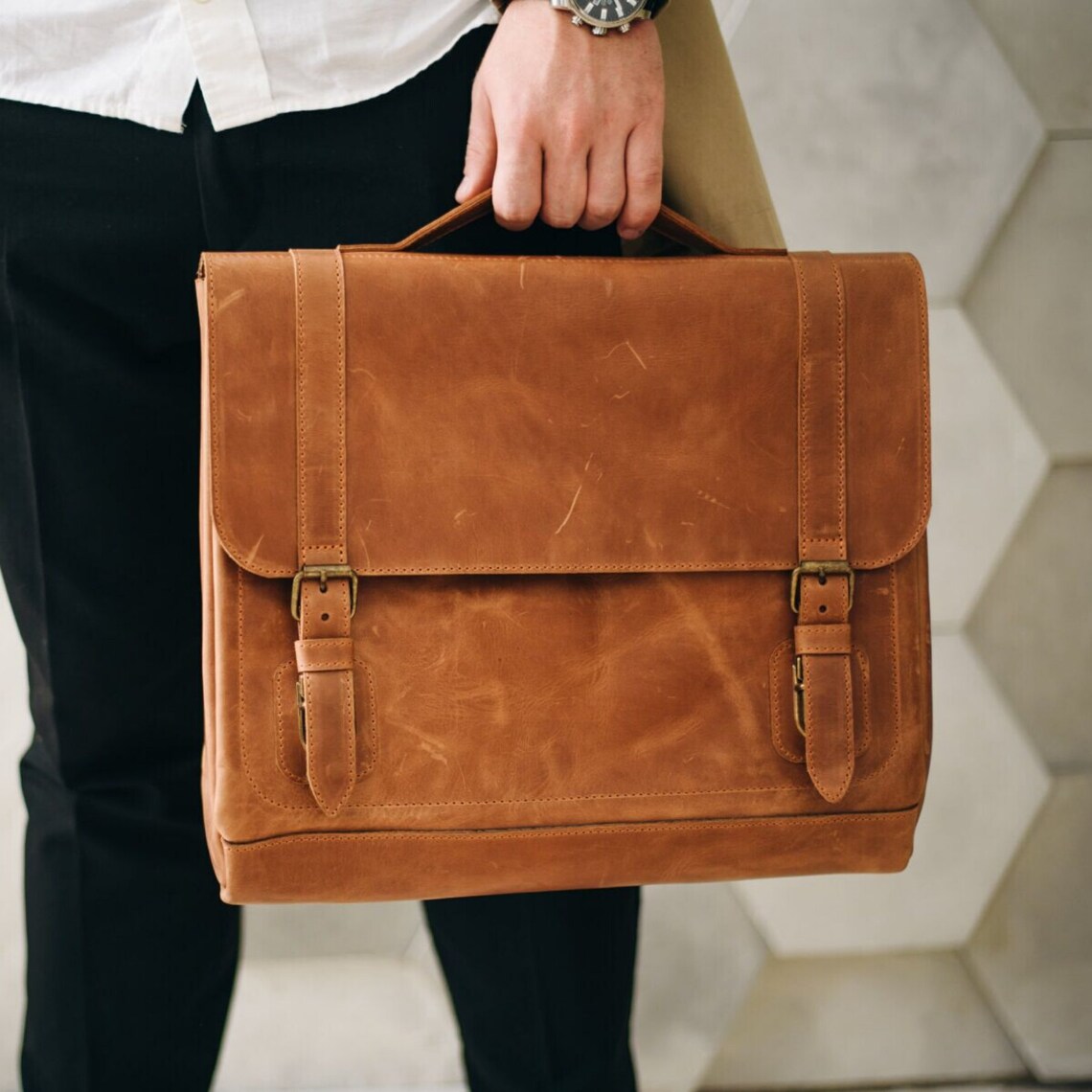 Brown men bag Brown leather bag men. Leather briefcase | Etsy