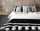White Cotton Moroccan Pompom Blanket,bedroom blanket,moroccan throw blanket,pompom blanket, blanket White and Black stripes and pompoms