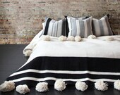 Wool Moroccan Pompom Blanket,bedroom blanket,moroccan throw blanket,pompom blanket, blanket with Black stripes and pompoms