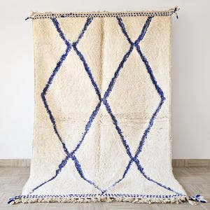 Beni Ourain Rug – Moroccan White and Blue Wool Berber Carpet – Handmade Tribal Area Rug  Authentic Tapis Berbère  Soft Wool Living Room Rug