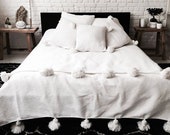 White Cotton Moroccan Pompom Blanket,bedroom blanket,moroccan throw blanket,pompom blanket