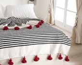 BERBER BLANKET - POM Pom Blanket - Moroccan Tassel Throw Warm Blanket - Sofa Throw Cotton Blanket - New Home Gift - White Black Blanket