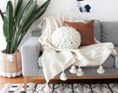 Wool Moroccan Pompom Blanket,bedroom blanket,moroccan throw blanket,pompom blanket, Ivory moroccan throw blanket, Wool Blanket Throw Pom Pom