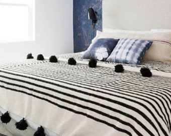 POM POM BLANKET - Moroccan Blanket - Handmade Organic Cotton Black Stripes Blanket - Beautiful Throw Bedroom Tassels Blanket Gift For Her