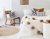 Cotton Moroccan Pompom Blanket,bedroom blanket,moroccan throw blanket,moroccan pompom blanket white Beige pompoms