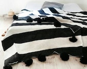 Wool Moroccan Pompom Blanket,bedroom blanket,moroccan throw blanket,moroccan pompom blanket Ivory and Black stripes Black pompoms