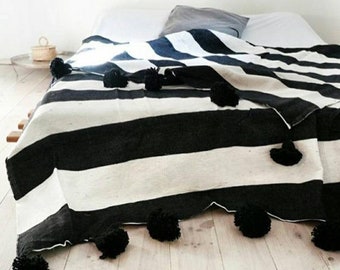 POM POM BLANKET - Moroccan Blanket - Handmade White/Black Stripes Bedroom Cotton Blanket -Beautiful bohemian  Pompom Blanket Gift For Friend