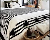 Cotton Moroccan Pompom Blanket,bedroom blanket,moroccan throw blanket,pompom blanket, blanket White and Black stripes and pompoms