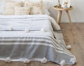 Cotton Moroccan Pompom Blanket,bedroom blanket,moroccan throw blanket,moroccan pompom blanket Gray and White stripes and pompoms