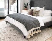 MOROCCAN BLANKET - ORGANIC Blanket - Handmade Pompom Blanket For Bedroom Décor - Beautiful Black and Ivory Blanket Gift For Friend