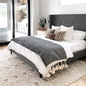 MOROCCAN BLANKET - ORGANIC Blanket - Handmade Pompom Blanket For Bedroom Décor - Beautiful Black and Ivory Blanket Gift For Friend