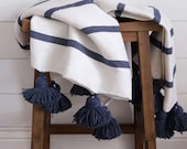 Cotton Moroccan Pompom Blanket,bedroom blanket,moroccan throw blanket, moroccan pompom blanket Navy Blue and white stripes with pompoms