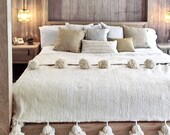 Wool Moroccan Pompom Blanket,bedroom blanket,moroccan throw blanket,pompom blanket