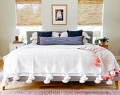 White Cotton Moroccan Pompom Blanket,bedroom blanket,moroccan throw blanket,pompom blanket