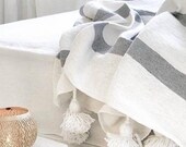 Cotton Moroccan Pompom Blanket,bedroom blanket,moroccan throw blanket,pompom blanket, blanket White and Gray stripes and pompoms
