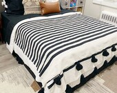 Cotton pompom blanket, throw blanket,black stripes,bedroom blanket,Blankets and Throws,bed spread,bedding,tassel throw blanket,woven blanket